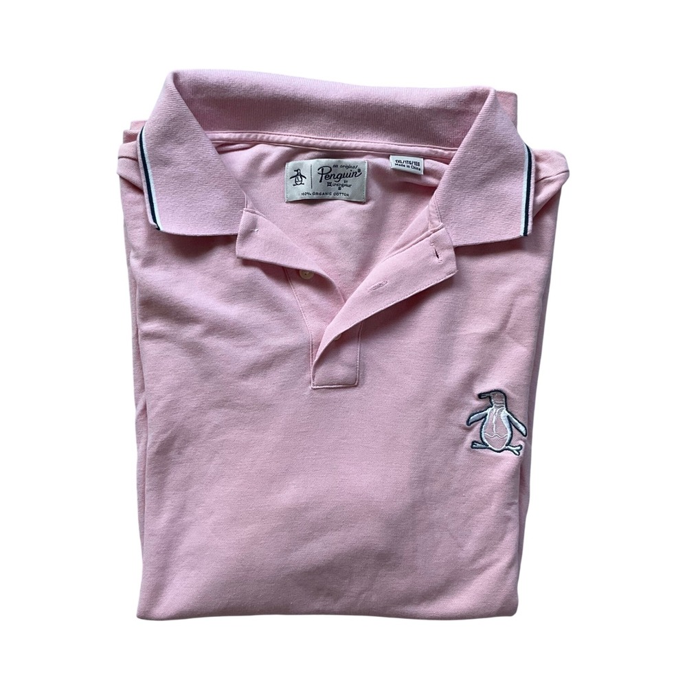 Original Penguin Mens 1XL Pink Organic Cotton Tipped Polo Shirt Preppy Golfcore